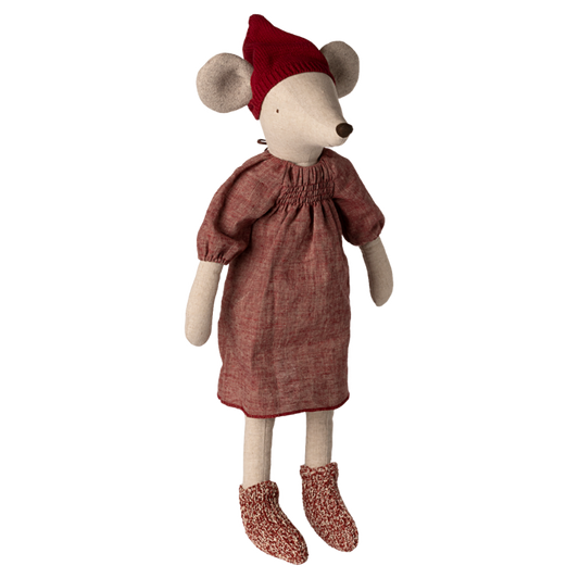 Julemus pige med kjole og nissehue.