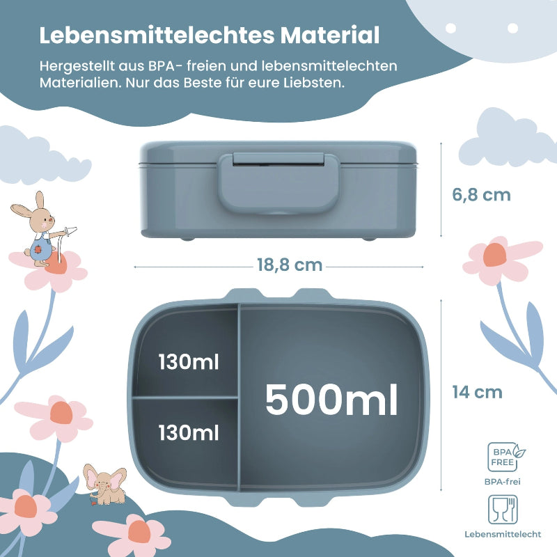 Blå madkasse med håndtegnede motiv af en abe, som kører en gravko. Den har 3 rum og kommer med et lille bestiksæt. Madkassen med skillevægge er ikke en almindelig madkasse, men en bento-madkasse.