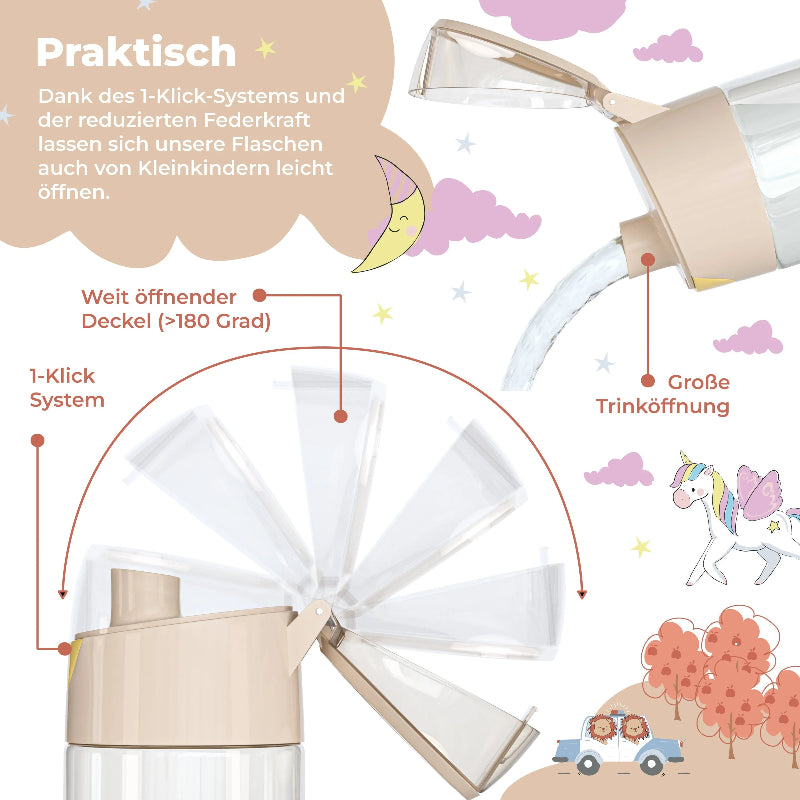 En drikkedunk med stor hældetud, som barnet nemt kan åbne med et 1 kliks system.