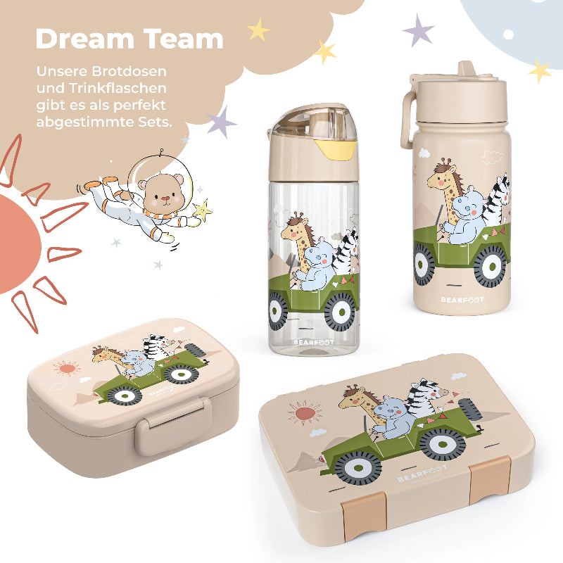 Hele safari serien med almindelig drikkedunk, termo drikkedunk, snack og stor madpakke.