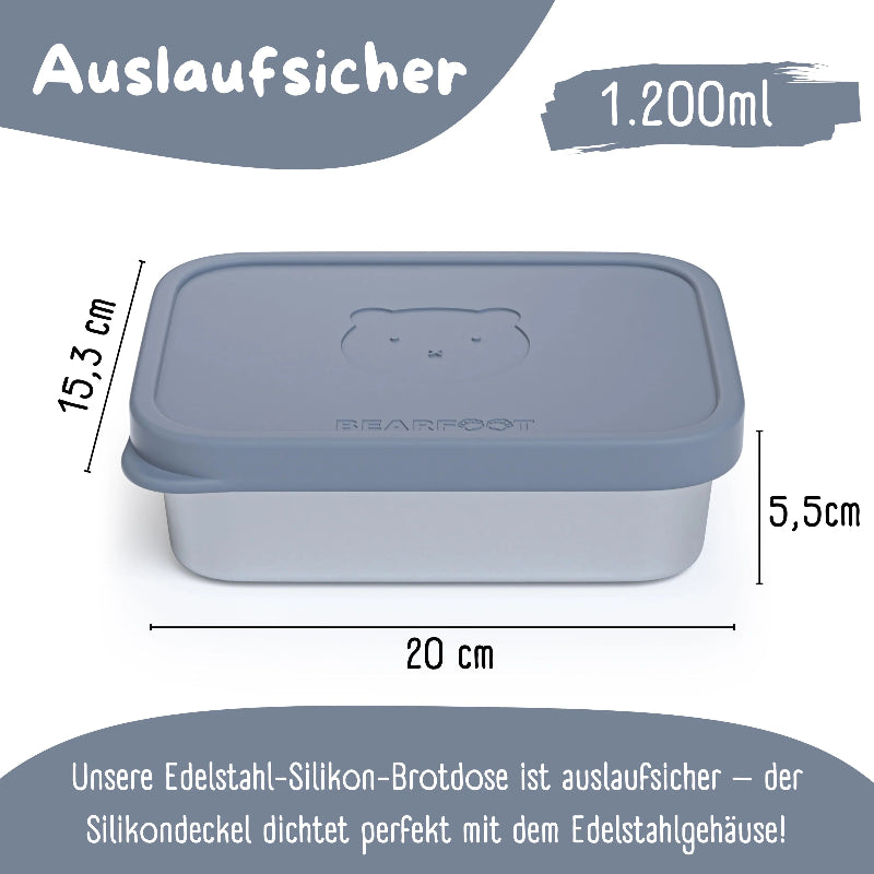 Madkasse med plads til 1200ml lavet af rustfrit stål med blåt silikonelåg og en bamse på toppen.