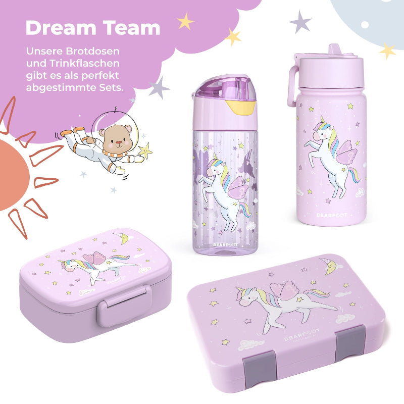 Hele enhjørning serien fra Bearfoot med både termo og almindelig drikkedunk, samt snack og stor madkasse.r