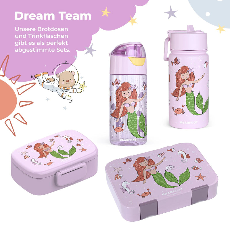 Hele havfrue serien fra Bearfoot med både termo og almindelig drikkedunk, samt snack og stor madkasse.