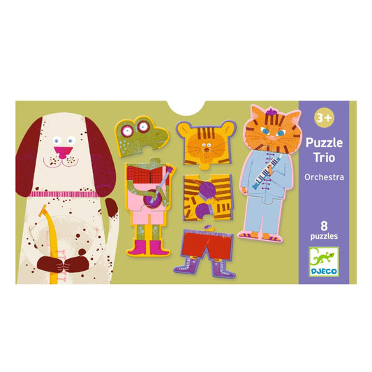 Puslespil med sjove dyr, hvor barnet skal samle tre brikker, som passer sammen.