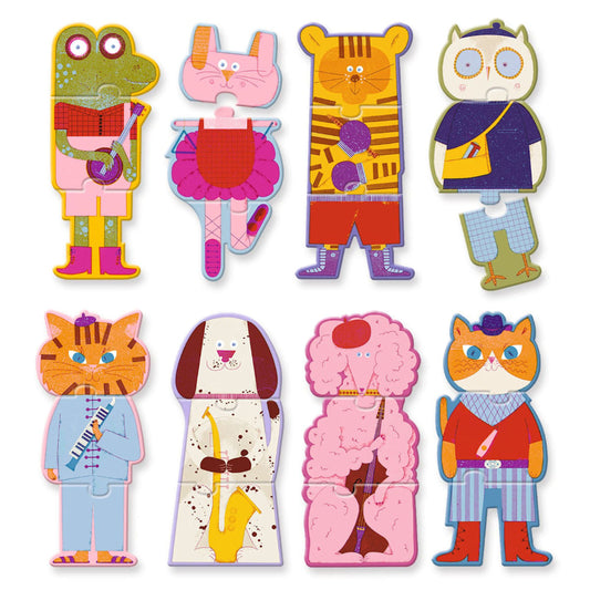 Puslespil med sjove dyr, hvor barnet skal samle tre brikker, som passer sammen.