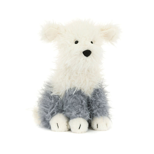 Hvid og grå hunde bamse med pjusket pels.