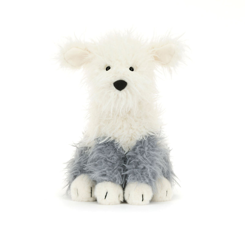Hvid og grå hunde bamse med pjusket pels.