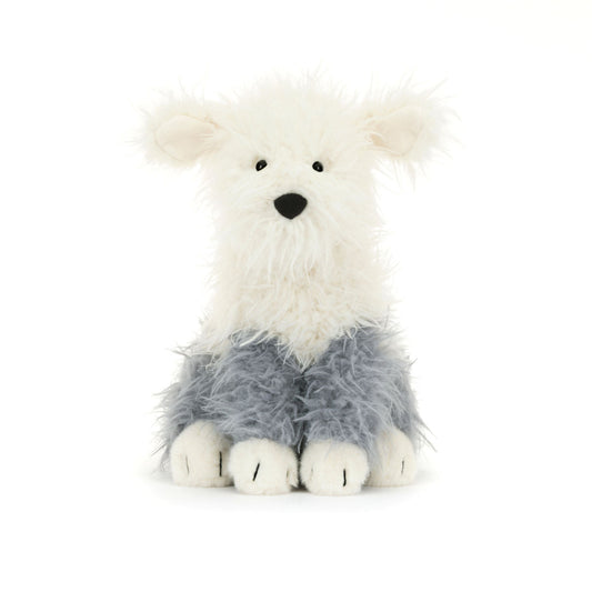 Hvid og grå hunde bamse med pjusket pels.