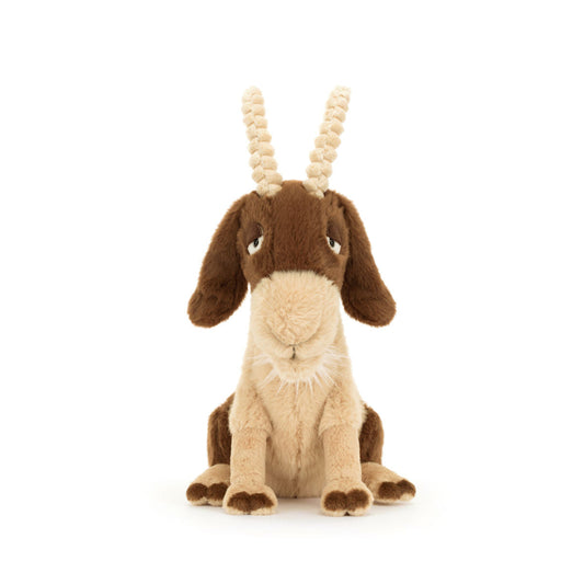 Jellycat ged bamse med lange horn og dovne øjne.