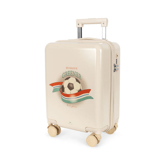 Beige rejsekuffert med fodbold motiv.