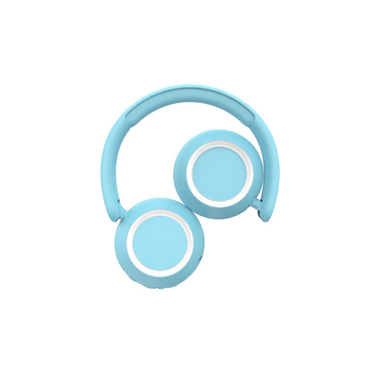 Høretelefoner med lys i skiftende farver. Selve stellet på høretelefonerne i blå.