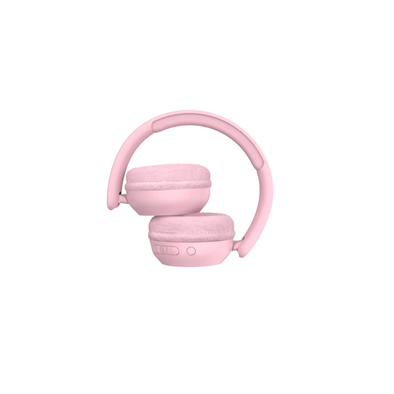 Høretelefoner med lys i skiftende farver. Selve høretelefonerne er rosa.