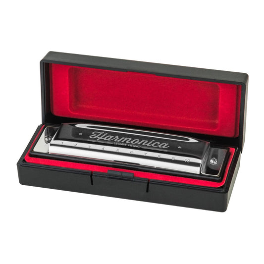 Mundharmonika i plast og metal.