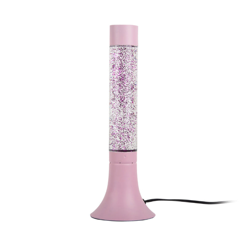 Lyserød bordlampe med glitter.