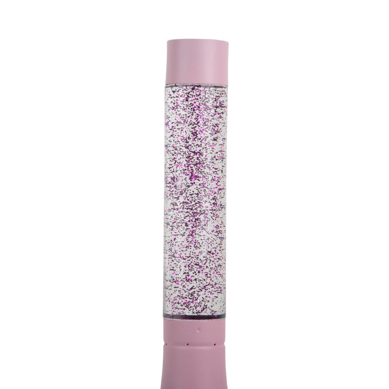 Lyserød bordlampe med glitter.