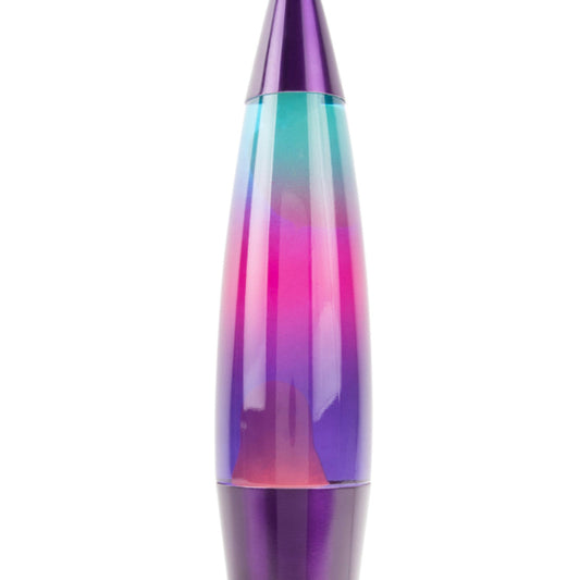 Regnbue lavalampe med lilla, blå og guld detaljer.