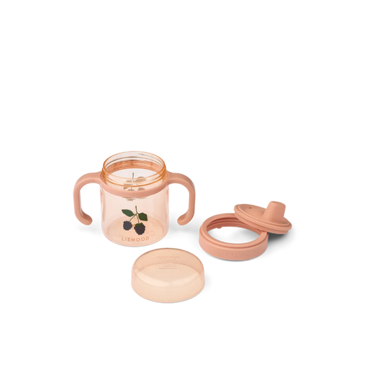 Lyserød tudekop med 2 hanke og bær mønster.