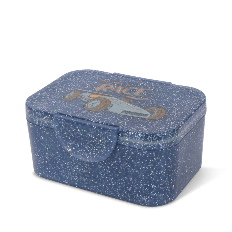 Madkasse med glitter og racerbil.