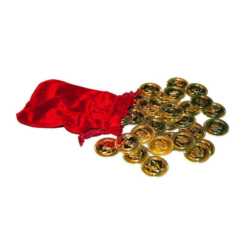 Rød pose med piratmønter legetøj.