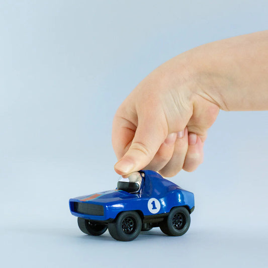 Blå racer legetøjsbil.