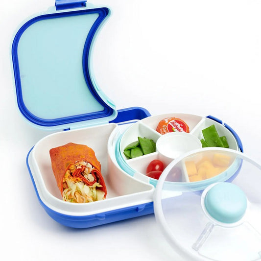 Madkasse og snack i blå.