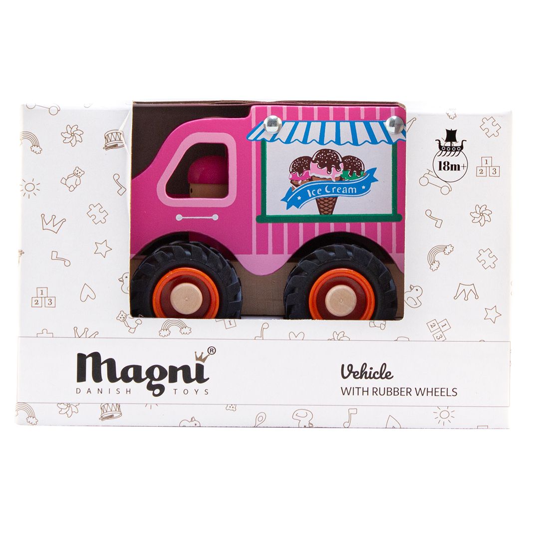 Magni Isbil i træ med gummihjul, Pink