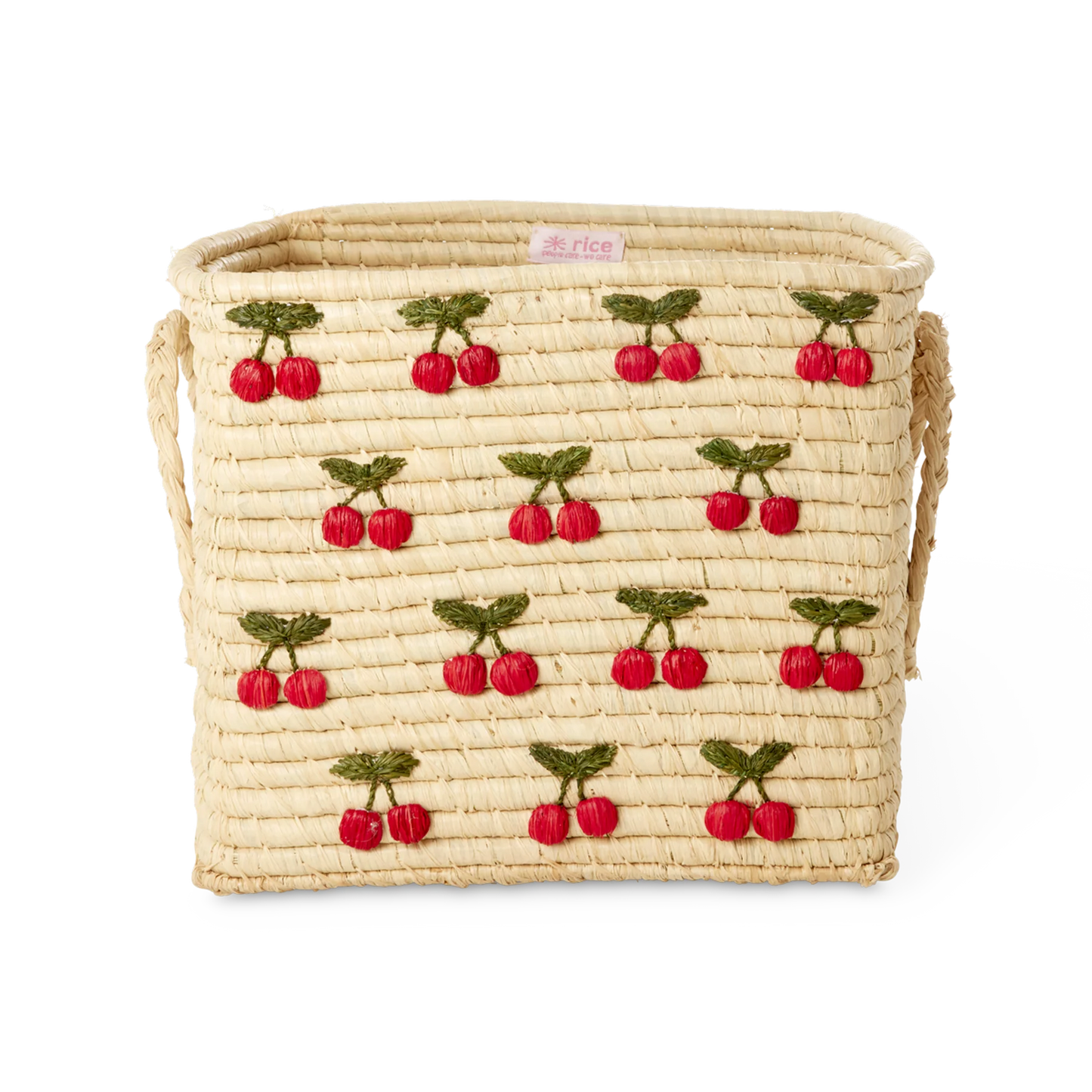 Rice Firkantet Raffia Kurv - Natur - Small Cherries All Over Design