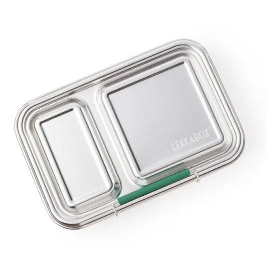 Stål madkasse med grønne detaljer.