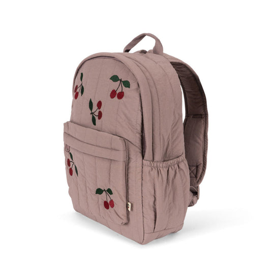 Lyserød rygsæk med kirsebær print.