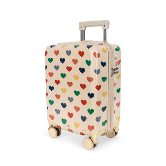 Beige kuffert med hjerte print i flere farver.