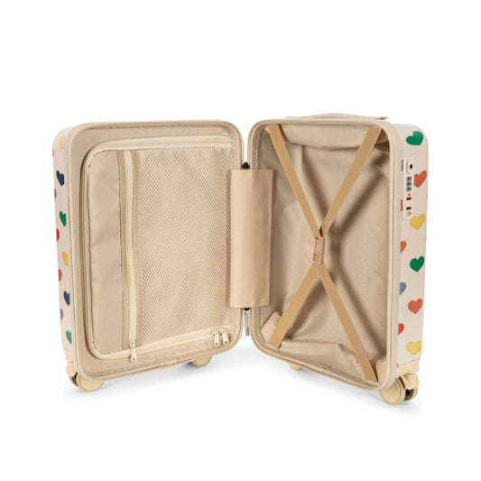 Beige kuffert med hjerte print i flere farver.