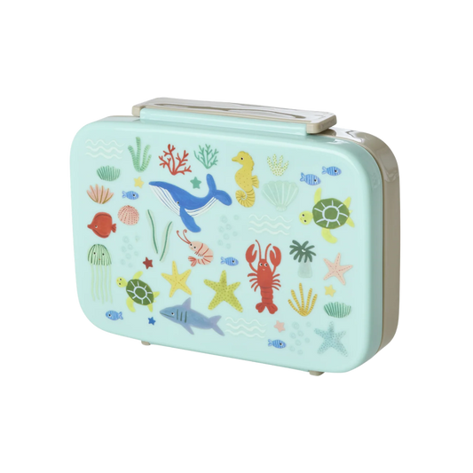 Blå madkasse med havets dyr.