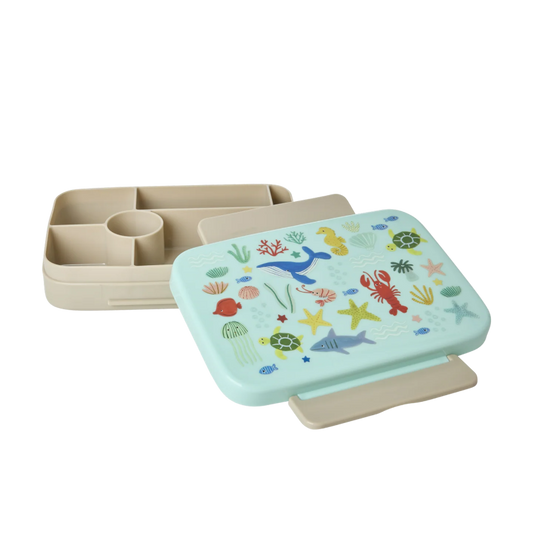 Blå madkasse med havets dyr.