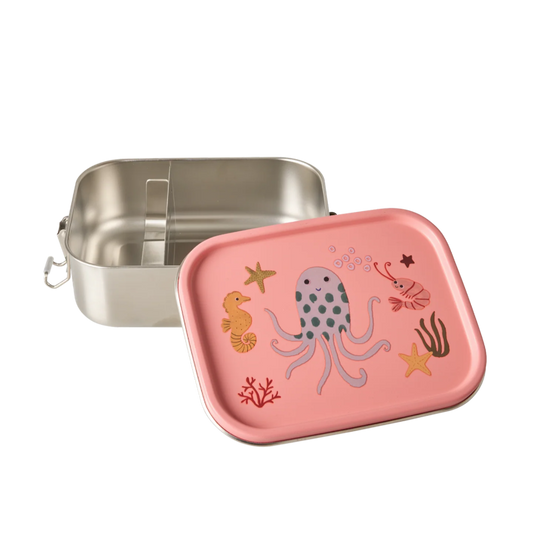 Stål madkasse med koral låg og klistermærker af havets dyr.