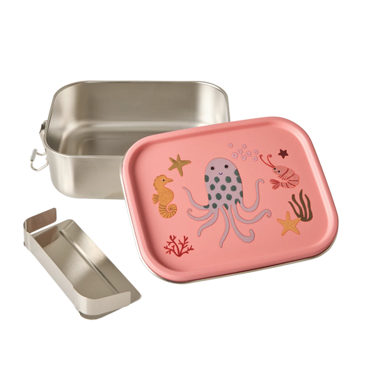 Stål madkasse med koral låg og klistermærker af havets dyr.