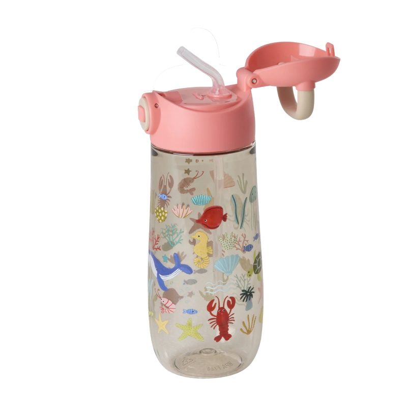 Tritan drikkedunk med lyserød ocean tema.