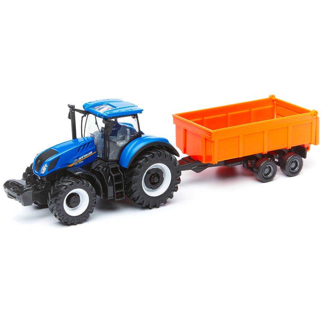 Burago New Holland traktor m. vogn, blå/orange
