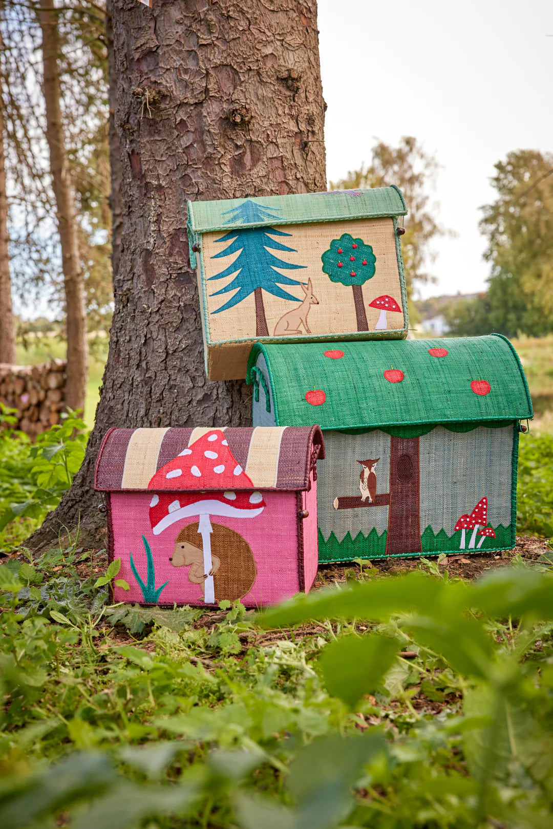 Rice Stor Raffia Opbevaringshus - Blå - Happy Forest Print