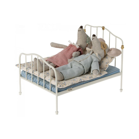 Maileg Vintage seng, Mus - Råhvid / Blå