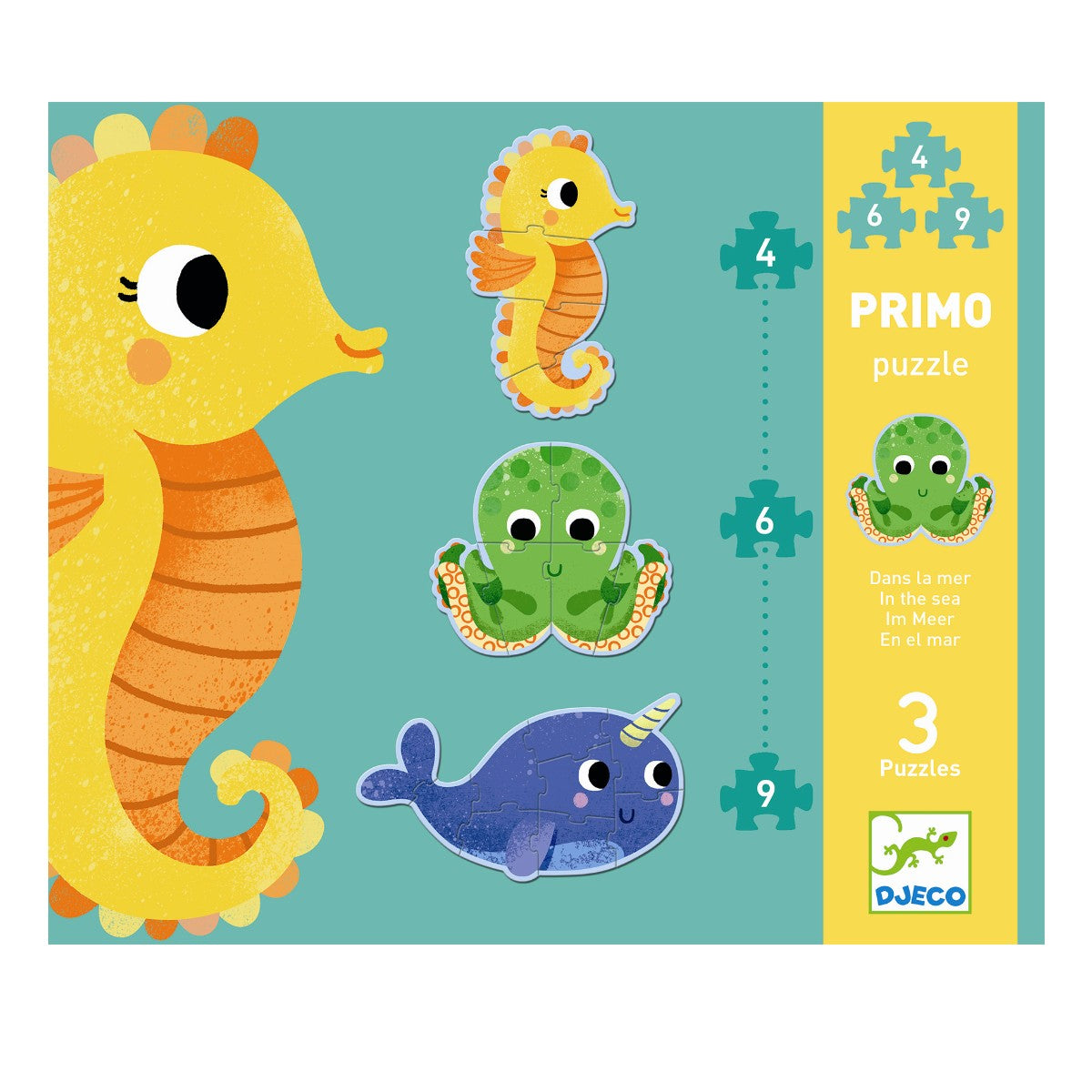 Djeco primo puslespil Havets dyr 4, 6, 9 brikker