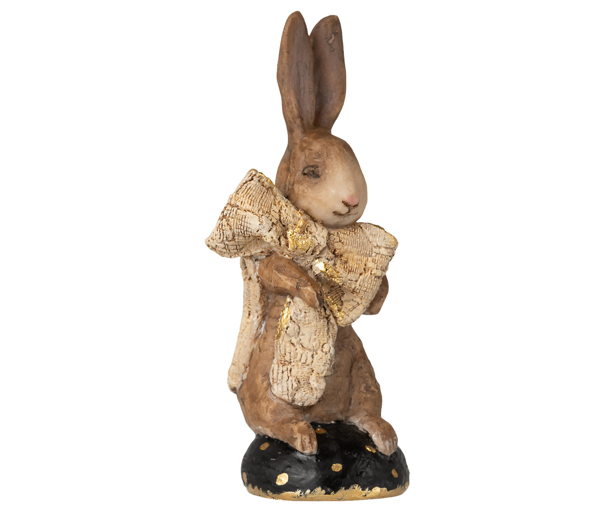 Maileg påskehare i polysering samleobjekt med sort bund og en bærer på en stor sløjfe.