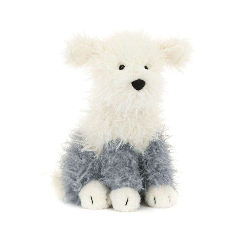 Hvid og grå hunde bamse med pjusket pels.