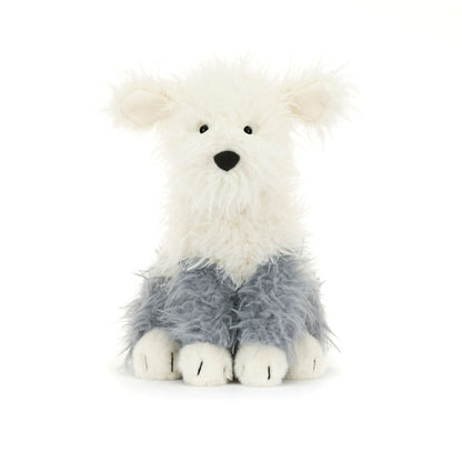 Hvid og grå hunde bamse med pjusket pels.