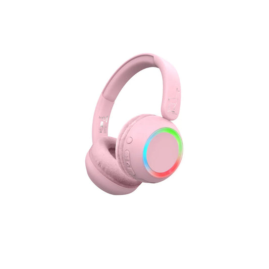 Høretelefoner med lys i skiftende farver. Selve høretelefonerne er rosa.