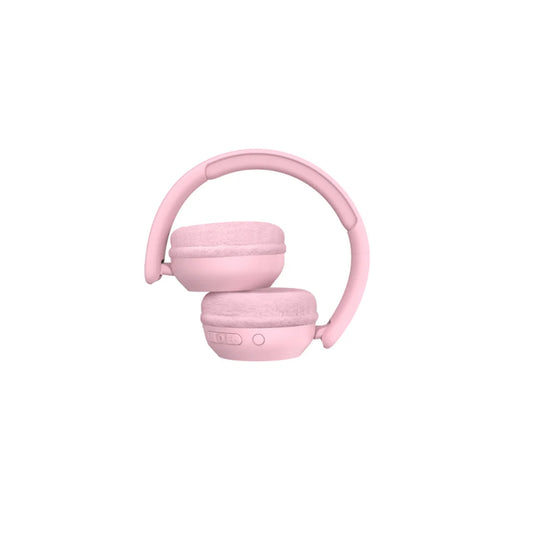 Høretelefoner med lys i skiftende farver. Selve høretelefonerne er rosa.