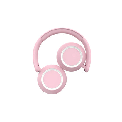 Høretelefoner med lys i skiftende farver. Selve høretelefonerne er rosa.