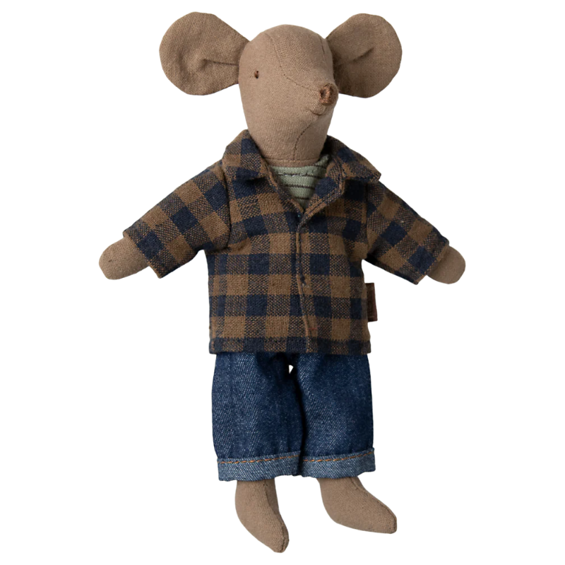 Brun ternet skjorte og blå jeans, som passer til Maileg far musen.