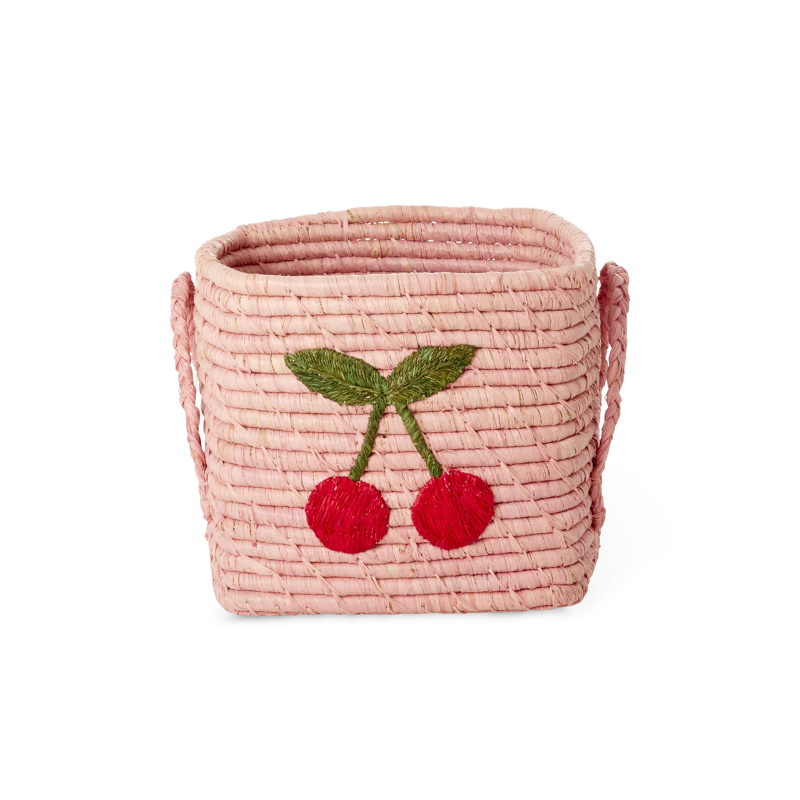 Lyserød raffia kurv med kirsebær print.