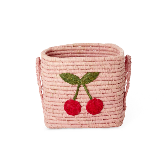 Lyserød raffia kurv med kirsebær print.