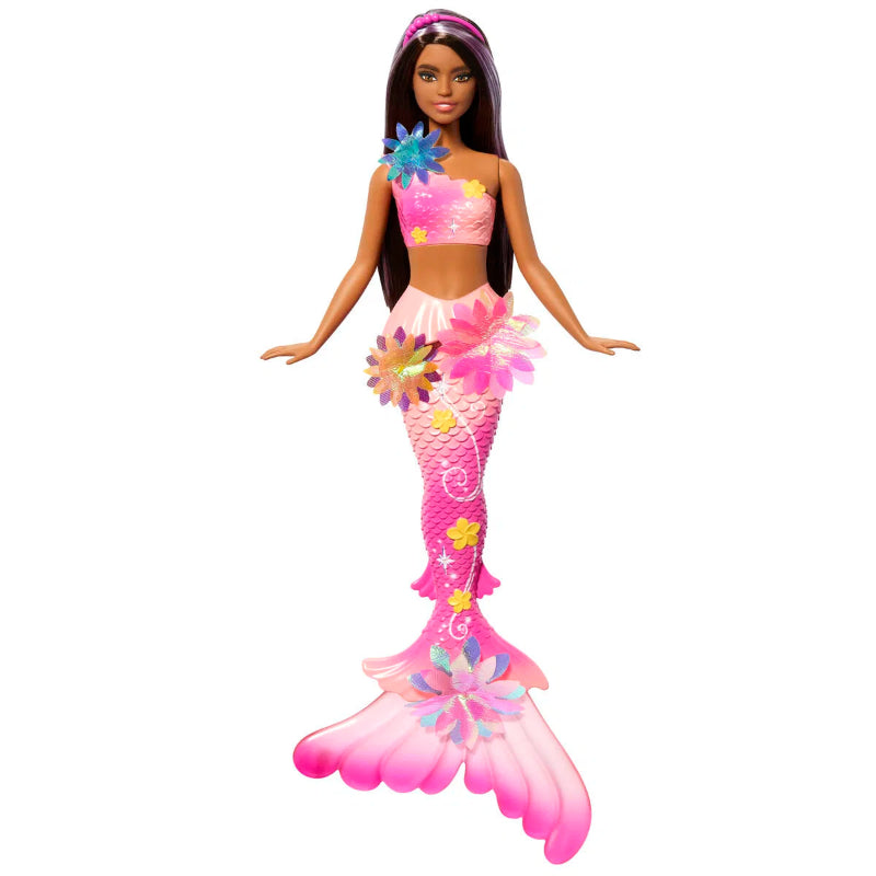 Lyserød Barbie havfrue med mørkt hår.